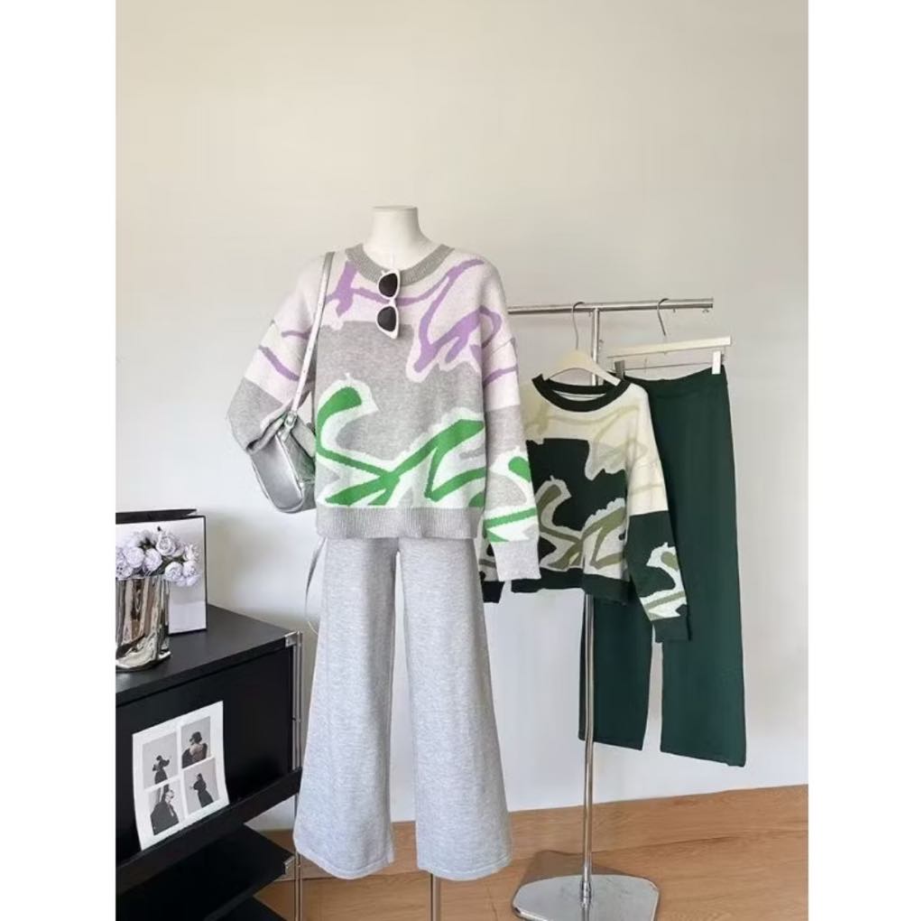 Jacquard Line Sweater with Wide Leg Pants