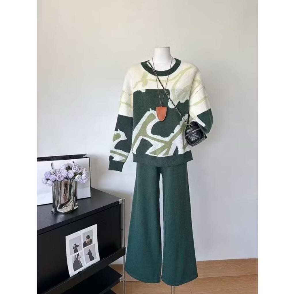 Jacquard Line Sweater with Wide Leg Pants