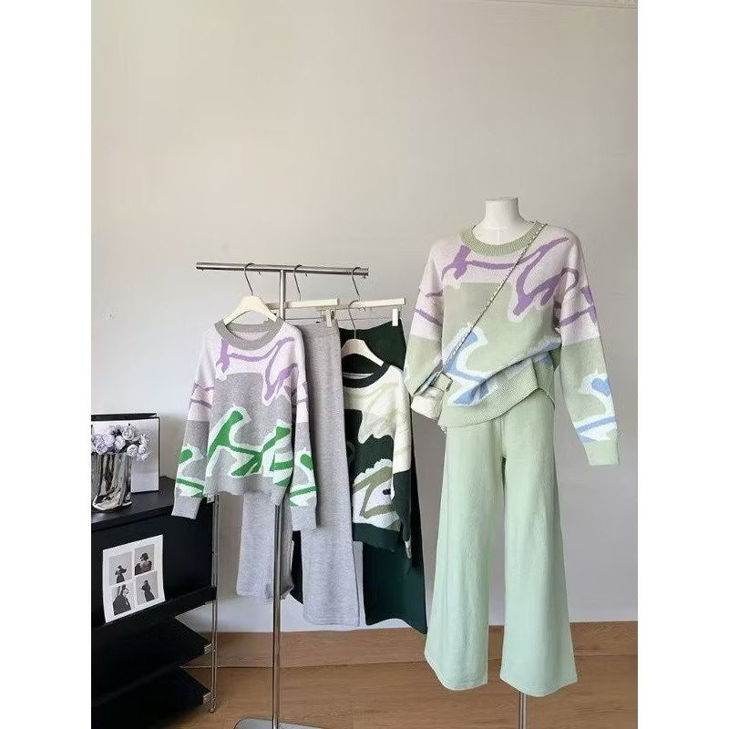 Jacquard Line Sweater with Wide Leg Pants